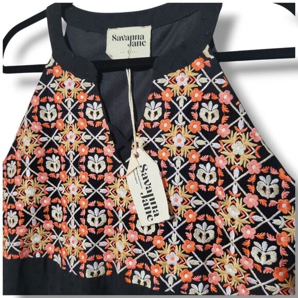 Savanna Jane  L New Embroidery Babydoll Dress Mini- Halter-V-neck- Boho Romantic - Picture 3 of 8